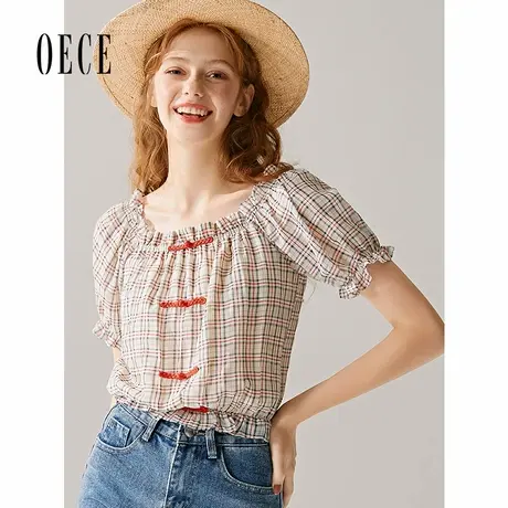 Oece夏装新款女装 复古可爱甜美花边方领泡泡袖格纹短袖上衣商品大图