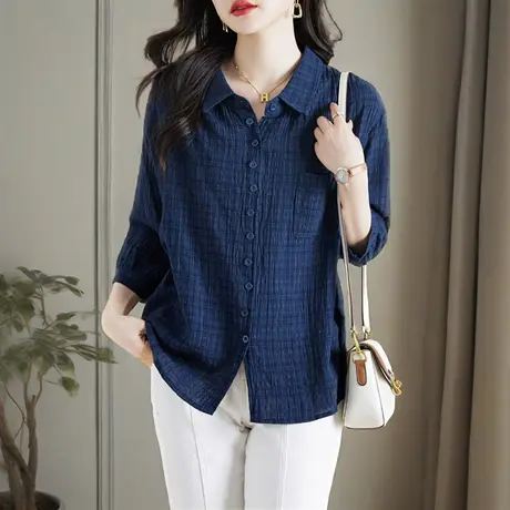 时尚褶皱格子衬衫女夏季新款设计感大码胖MM宽松显瘦中袖女上衣商品大图
