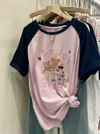 韩系撞色插肩袖短袖T恤女夏季新款雪花棉宽松小熊印花百搭上衣ins图片