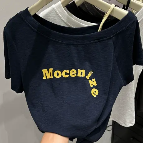 设计感字母印花露锁骨斜肩吊带短袖T恤女2025夏新款洋气减龄上衣商品大图