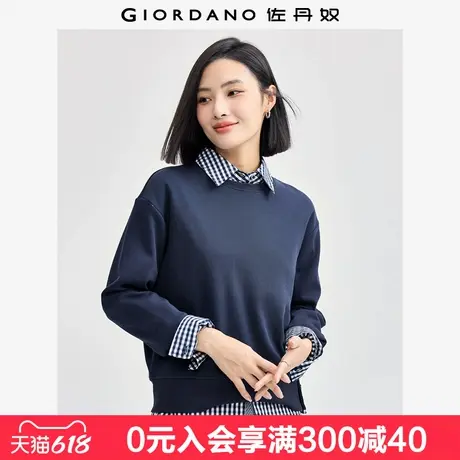 佐丹奴卫衣女新款双面布休闲上衣纽扣开叉下摆圆领套头衫13324744商品大图