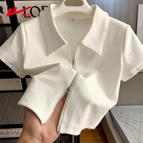 回力白色正肩短袖t恤女polo衫夏拉链2025新款小个子辣妹短款上衣图片