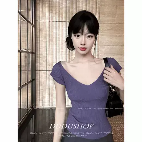 紫色v领针织正肩短袖t恤女夏季体恤法式掐腰设计感修身甜辣小上衣商品大图