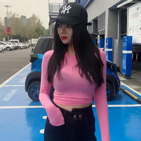 纯色打底衫女秋冬2022ins性感弹力修身圆领百搭短款露脐t恤图片