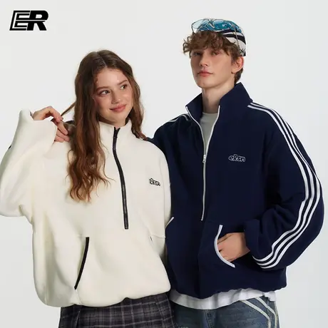 ER撞色条纹半拉链立领无帽卫衣秋季潮牌刺绣宽松休闲上衣情侣装图片