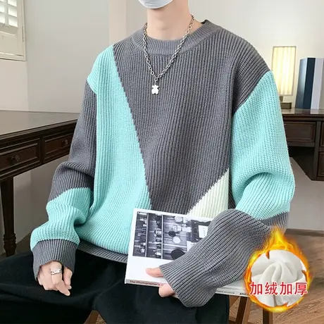 毛衣男冬季加绒加厚潮牌2023新款针织衫宽松慵懒风保暖毛线衣外套图片