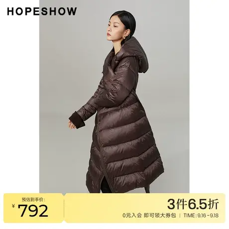 红袖outlets连帽羽绒服女hopeshow2022冬季款中长款纯色保暖外套商品大图