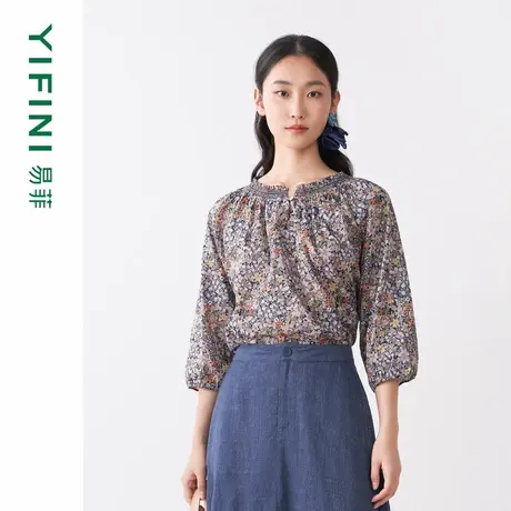 [专柜同款]Yifini/易菲全棉织造印花宽松短款小衫女套头衫秋装新商品大图