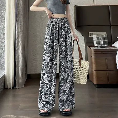 时尚气质休闲裤2025年夏季新款女高腰显瘦宽松直筒阔腿印花长裤商品大图