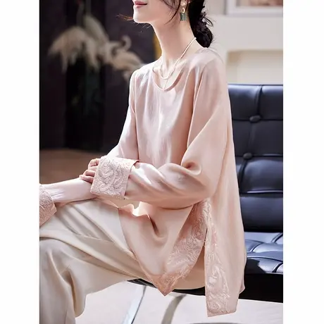 宝诗黎圆领刺绣宽松雪纺衫2025春季时尚薄款气质百搭防晒宽松上衣商品大图