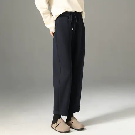 藏青色哈伦裤女2024冬季新款高腰加绒休闲毛呢裤子秋冬九分萝卜裤商品大图