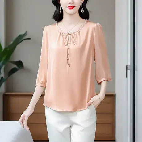 2025年夏季新款七分袖衬衫女休闲显瘦上衣中老年妈妈气质真丝小衫图片