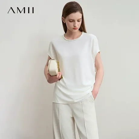 Amii2025夏新款极简纯色宽松雪纺套头连肩短袖珍珠织带圆领雪纺衫商品大图