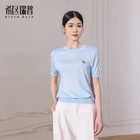 希区瑞普含桑蚕丝2025夏新款薄款女短袖上衣刺绣针织衫T恤商品大图