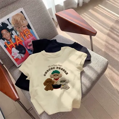 杏色正肩短袖t恤女夏装2025新款设计感小众潮牌印花短款修身上衣图片