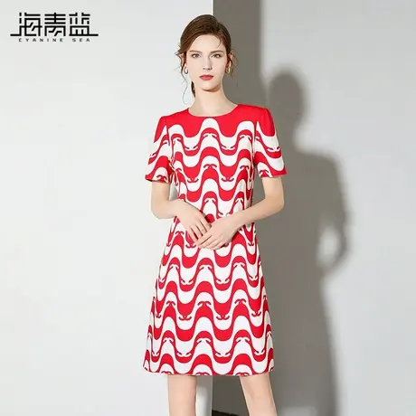 海青蓝 撞色连衣裙短袖2025年新款夏季女装中长款简约大方裙子商品大图