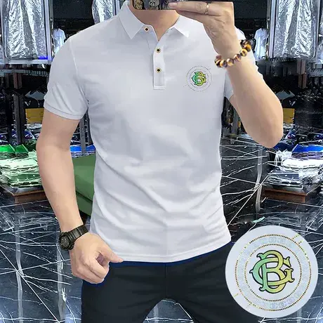 男士短袖轻奢夏季新款Polo衫舒适透气合身型简欧男装半袖上衣白色图片