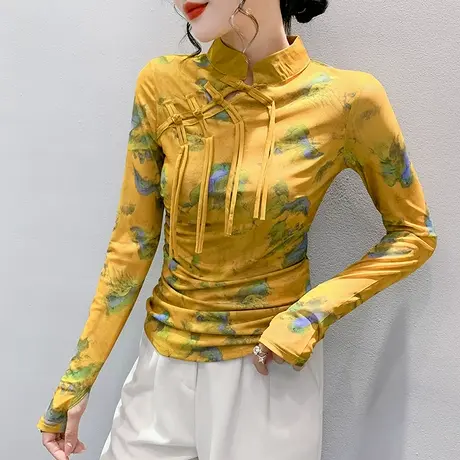 复古国潮女装设计感盘扣T恤长袖不规则下摆上衣性感网纱印花小衫图片