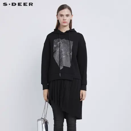 sdeer圣迪奥春装连帽印花百褶拼接长款卫衣外套S21362228图片