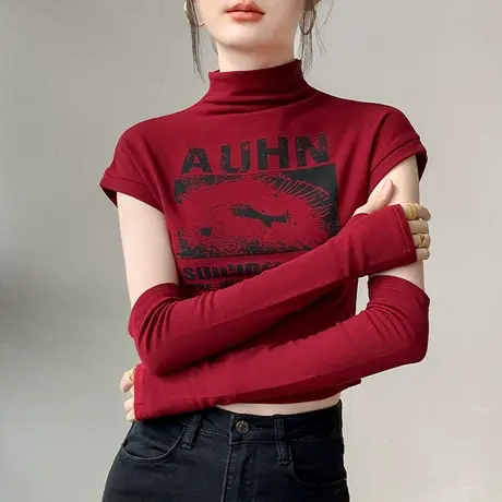 美式手套袖半高领短袖T恤女2024春季新款修身显瘦短款印花打底衫商品大图
