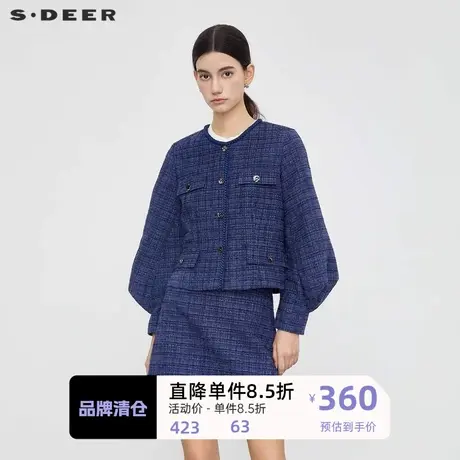 sdeer圣迪奥女装小香风套装圆领格纹泡泡袖外套S23462203💩商品大图