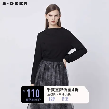 sdeer圣迪奥冬半高领不规则黑色灯笼袖黑色T恤S21480216图片