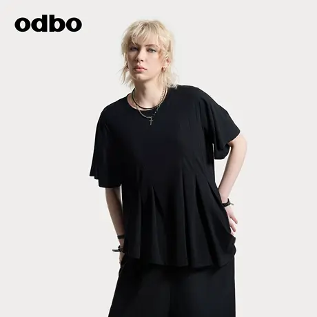 odbo/欧迪比欧短袖女t恤2025新款夏季宽松褶皱设计感百搭时尚上衣图片