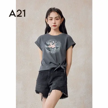 A21女装新款针织宽松圆领短袖t恤夏季设计感蝴蝶结美式纯棉上衣图片