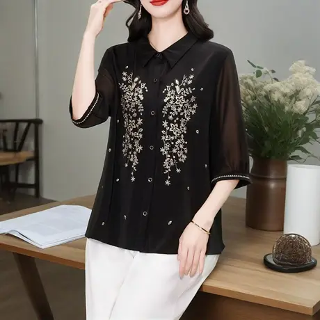 黑色复古刺绣中袖雪纺衬衫女夏季新款高端时尚中袖衬衣妈妈上衣商品大图