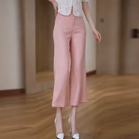 粉色薄款透气直筒西装裤女天丝亚麻夏季新款八分休闲裤时尚阔腿裤商品大图