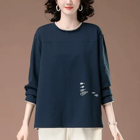 中年妈妈长袖t恤春秋款纯棉加肥加大码女装宽松遮肚子外穿打底衫图片