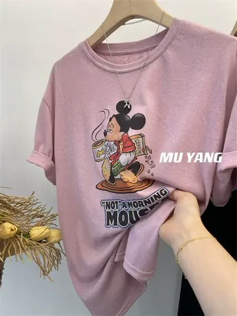 喝咖啡的卡通米奇印花短袖T恤女三色圆领百搭宽松半袖上衣2024夏商品大图