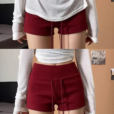 辣妹a字高腰阔腿休闲短裤女夏季韩版居家外穿抽绳运动沙滩热裤潮图片