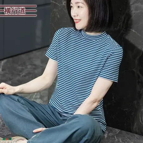 2025年夏季新款简约休闲海军风半高领条纹短袖T恤女大码上衣外穿图片
