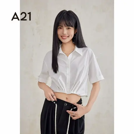 A21女装小落肩套头短袖衬衫纯色气质高级感衬衣宽松简约小众商品大图