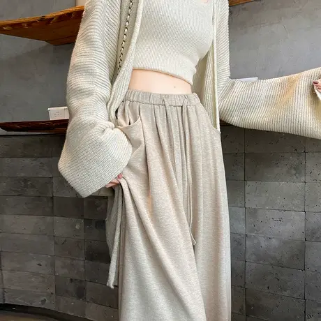 奶茶色阔腿糯米裤女秋季新款高腰宽松直筒显瘦慵懒松弛垂感休闲裤商品大图