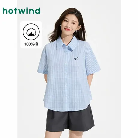 热风女装格子短袖衬衫25夏新款女士刺绣小格纹衬衫文艺复古上衣图片