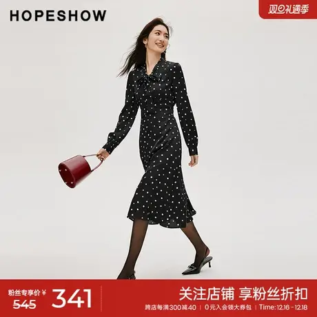 红袖泡泡袖收腰连衣裙hopeshow2023冬新款时尚V领飘带领波点裙女图片