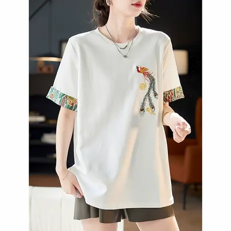 宝诗黎圆领刺绣棉质短袖T恤2025夏季新款国风拼接百搭休闲女装潮商品大图