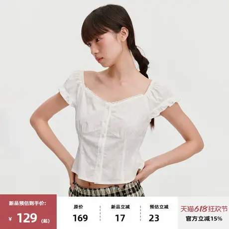 omont蛋挞家别致荷叶边修身显瘦短袖衬衫2025夏季泡泡袖白色上衣图片