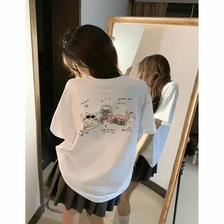 后背印花短袖t恤女夏季2025新款白色纯棉百搭宽松显瘦大版上衣服商品大图