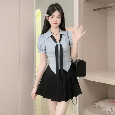 乡美媚2025新款格子衬衫泡泡袖带领带收腰显瘦学院风夏季透气短袖图片