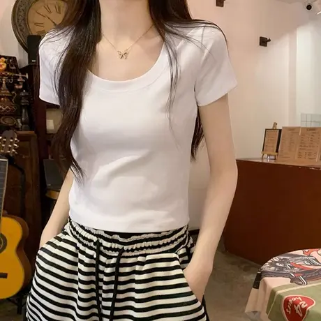 白色U领正肩短袖T恤女夏季韩版修身打底衫内搭短款小个子正肩上衣图片