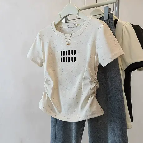 浅杏色短款收腰彩虹波点褶皱短袖t恤女新款夏季甜妹风洋气上衣服商品大图