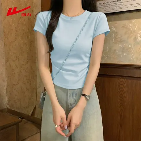 回力蓝色正肩短袖t恤女2025夏季新款收腰显瘦短款设计感半袖上衣商品大图