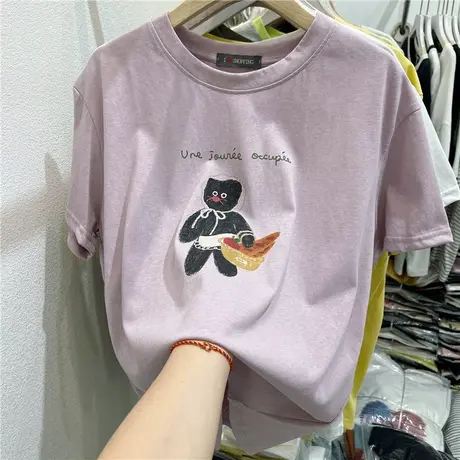 2025夏季新款韩版百搭t恤宽松可爱熊字母印花雪花棉圆领短袖上衣商品大图