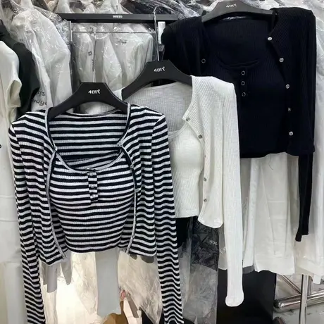 2023秋季新款韩版修身显瘦长袖薄开衫吊带背心两件套休闲套装女潮图片