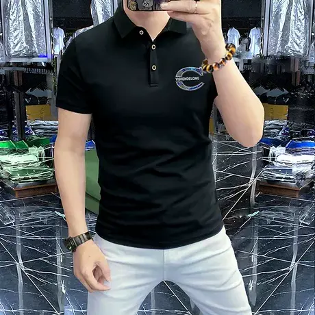夏季新款男士Polo衫短袖t恤翻领半袖男装上衣舒适休闲轻奢黑色图片