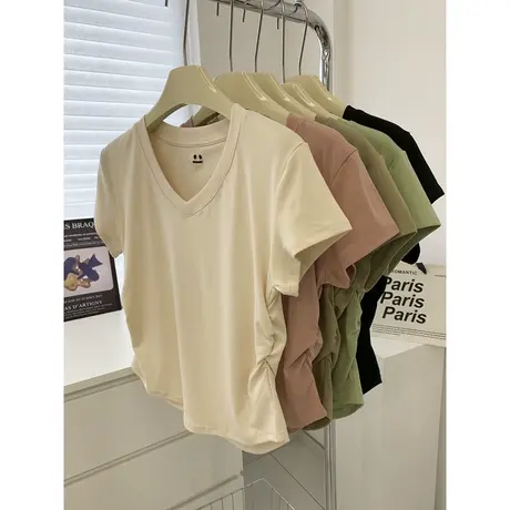 小个子短款正肩T恤女短袖夏装韩版洋气减龄修身显瘦V领半袖上衣潮图片