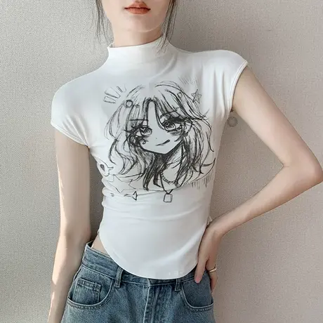 半高领短袖T恤女2025春季新款辣妹性感露腰修身显瘦内搭印花上衣图片